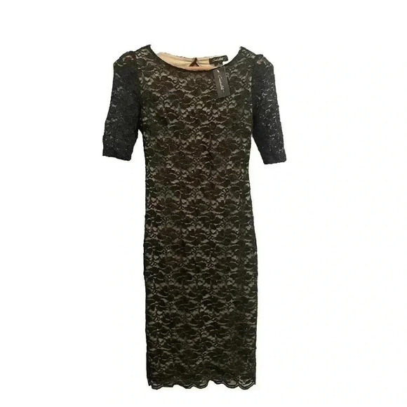 Candalite Dresses & Skirts - Vintage Black Mini Dress Lace Nude Cocktail Party Fitted Bodycon Midi Sparkle